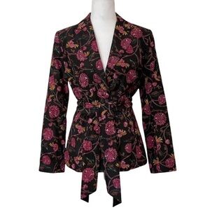 Diane Von Furstenberg Silk Assets Vintage Black Floral Tie Waist Tailored Blazer
